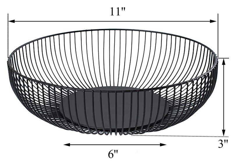 Yesland 2 Pack Metal Wire Fruit Basket- 11 Inches Black Kitchen Countertop Fruit Bowl Vegetable Holder for Bread, Snacks, Households Items Storage for Kitchen, Livingroom