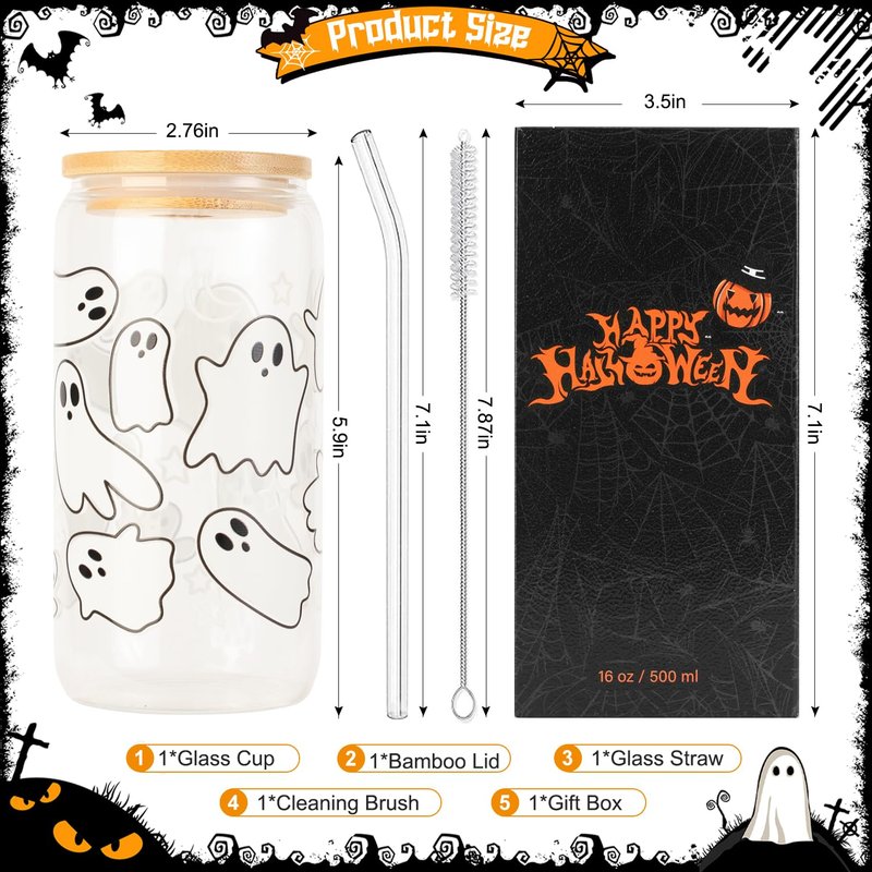 Halloween Pumpkin Ghost Glass Cup with Lids and Straws, 16 oz Glass Tumbler, Spooky Iced Coffee Mug for Smoothie, Cute Halloween Gifts for Women, Girls - Boo Basket Stuffers, Spooky Gifts for Teens
