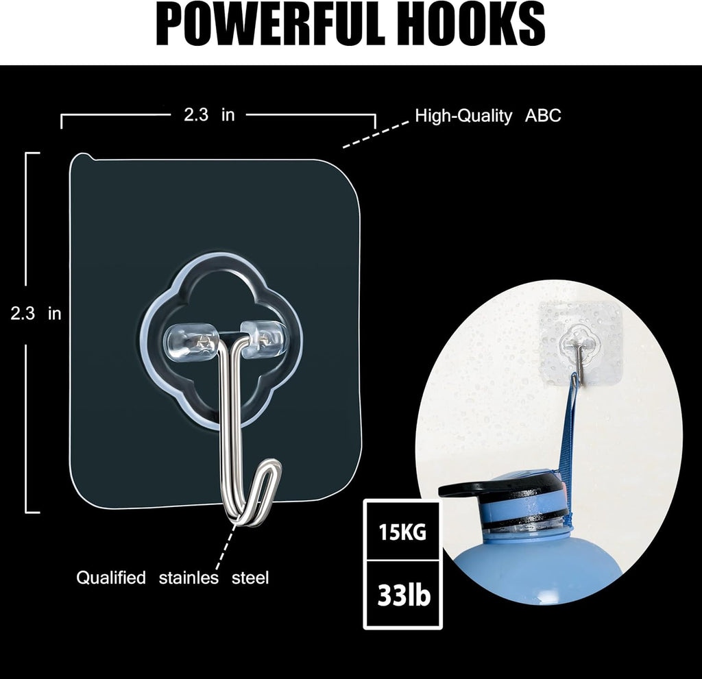 Skiennix Adhesive Hooks - 32 Pack 33lb Max Capacity | Transparent, Reusable & Removable Wall Hooks for Home & Outdoor Use