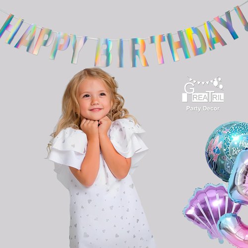 GREATRIL Holographic Happy Birthday Banner - Pre-Strung Iridescent Party Decoration | Colorful Backdrop