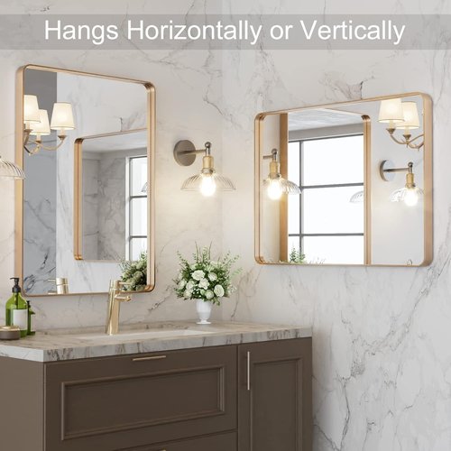 LOAAO Gold Bathroom Mirror - 22”x30” Rounded Rectangle Wall-Mounted Vanity Mirror | Anti-Rust Brushed Gold Finish