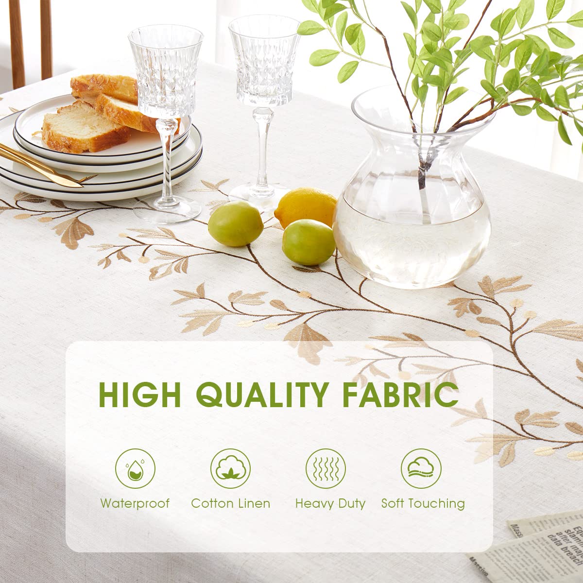 QIANQUHUI Embroidered Tablecloth Rustic Farmhouse Kitchen Table Cloth, Dust Proof Spillproof Soil Resistant Cotton Linen Rectangle Table Cloth (N-Beige, 55x70 inch)