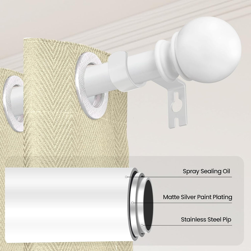 Skiennix White Curtain Rods - Heavy Duty Metal, Adjustable 28-48 Inch, 5/8" Diameter with Bracket