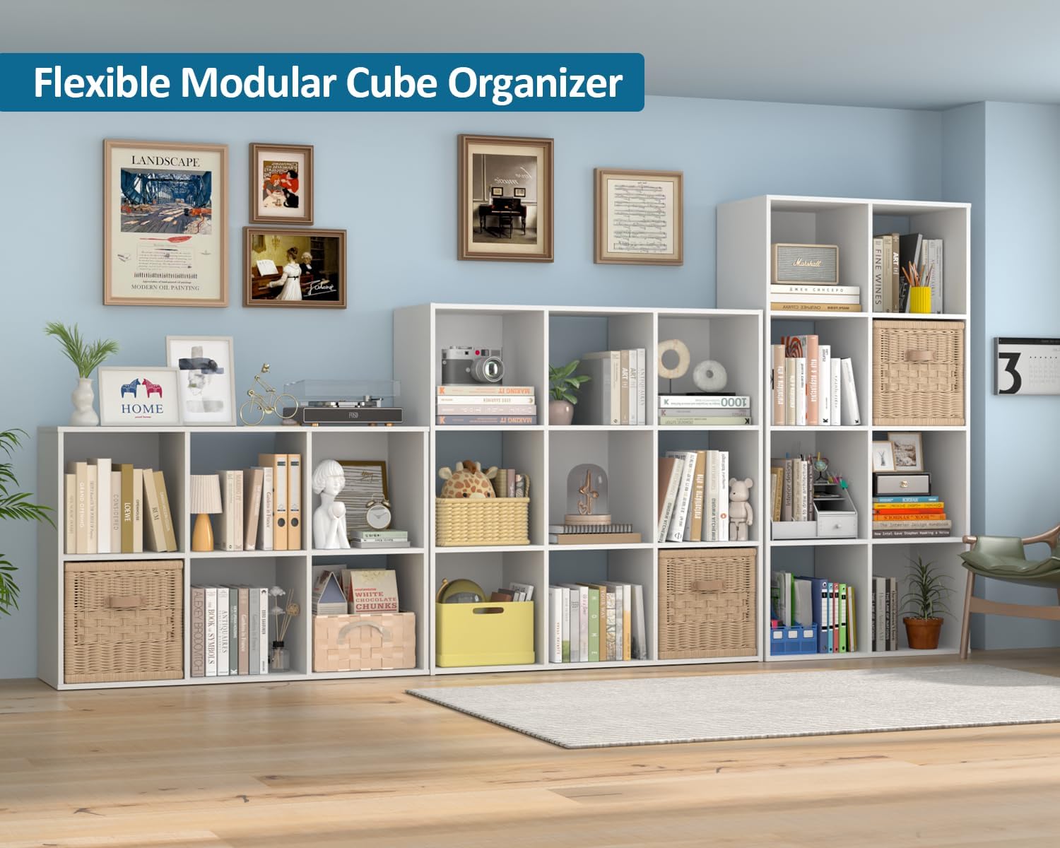 PrimeZone Stackable 9-Cube Storage Organizer - Versatile Wood Shelf for Closet & Bedroom - White Cubicle Cabinet