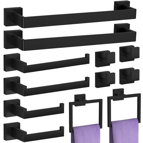 12-Piece Matte Black Bathroom Hardware Set, Heavy Duty Bath Towel Bar Set Including - 16" Towel Rack&Hand Towel Holder&Toilet Paper Holder&Towel Ring&Robe Towel Hook