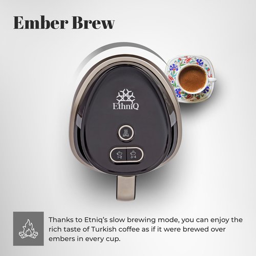 ETHNIQ Turkish Coffee Maker - 100% BPA Free, 120V, 1 to 4 Cup Brewing Capacity with Cook Sense Technology for Delicious Cup of Turkish & Greek Coffee, Turkish Coffee Pot (Dark Silver)