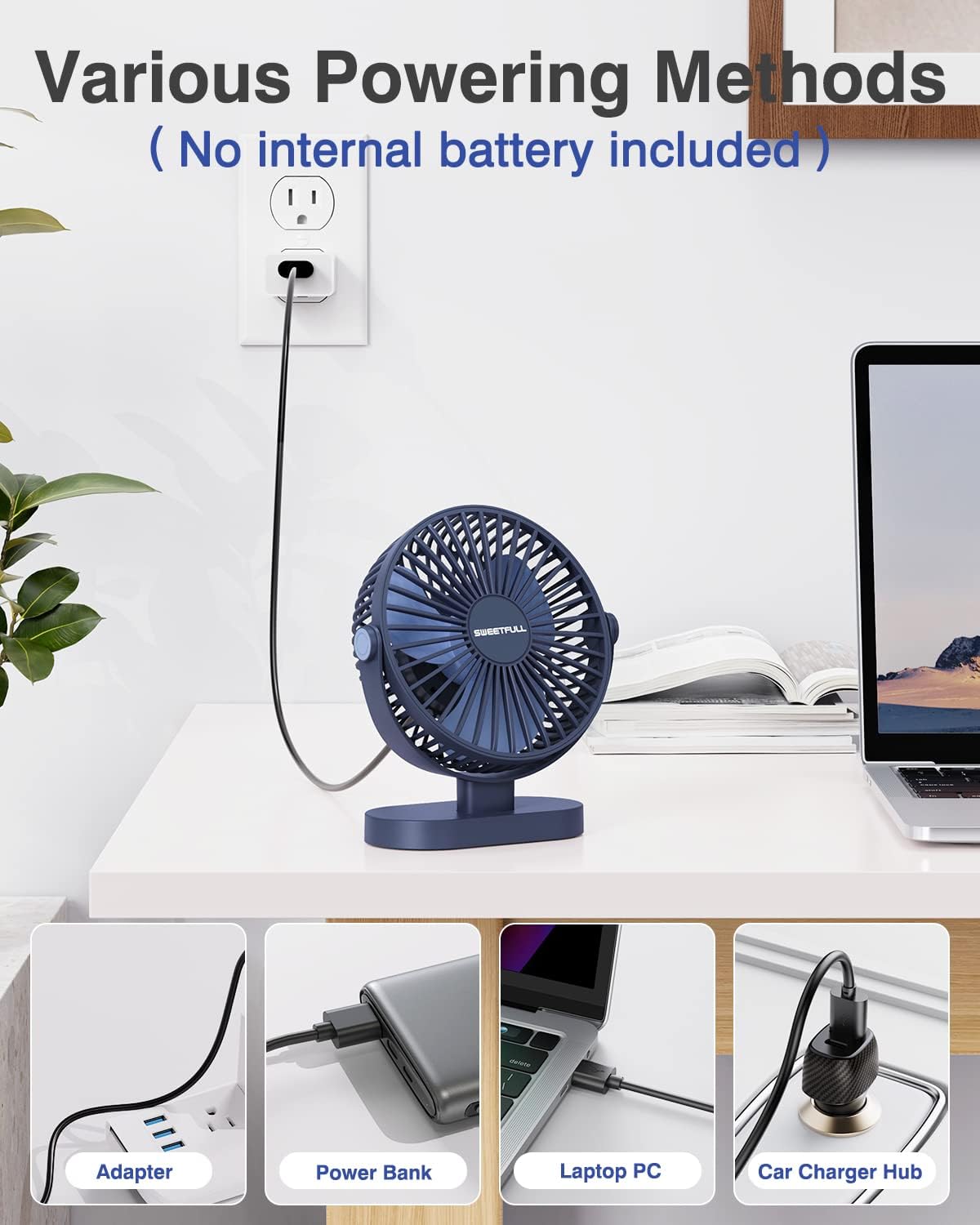 Sweetfull USB Desk Fan - Portable 3-Speed Mini Fan with 360° Adjustment | Quiet Operation, Blue