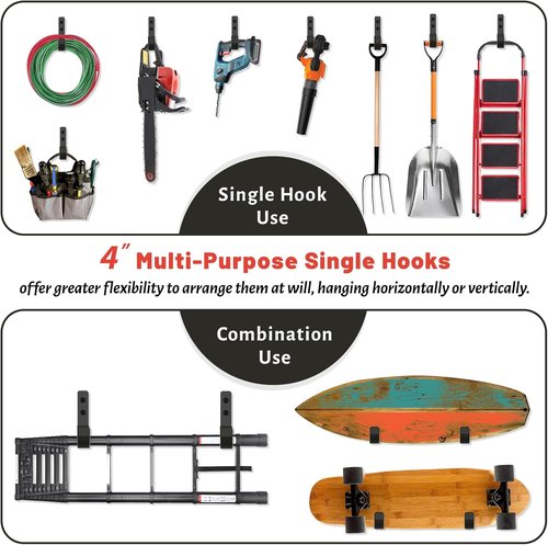 Heavy Duty Garage Hooks by [Brand Name] - 6 Pack 4-Inch Wall Mount Utility Tool Organizers | Holds Up to 55lbs