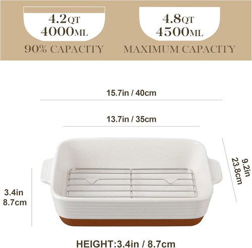 MALACASA 4.8 Qt Ceramic Baking Dish - Deep Roasting Pan with Stainless Steel Rack | 9x13 Inch, Khaki & White