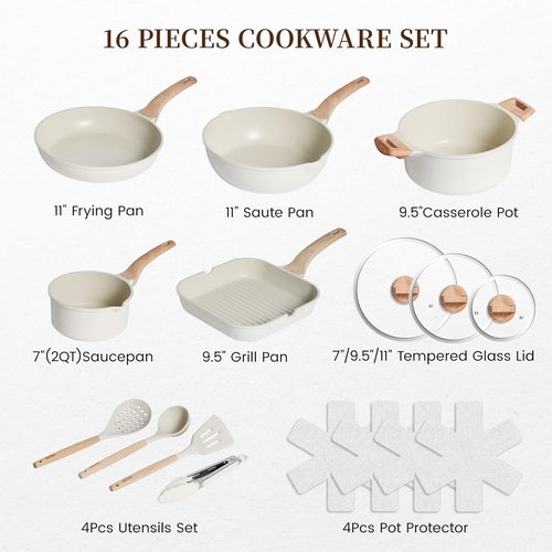 Kikcoin Non-Stick Ceramic Pots and Pans Set - 16-Piece Induction Cookware Set, White, Stackable