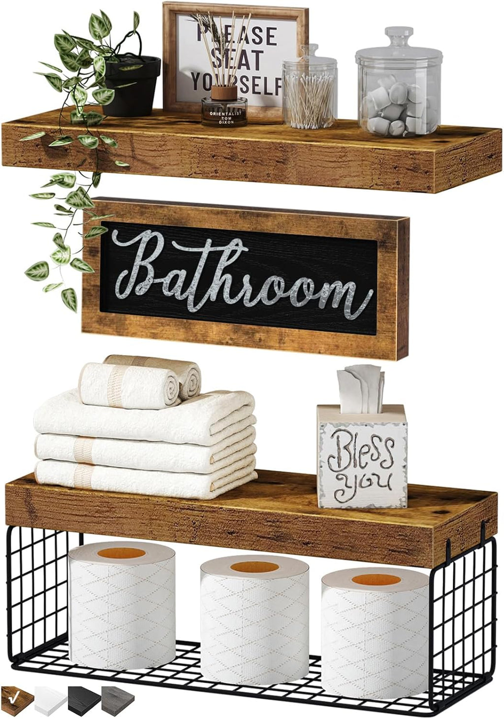 QEEIG Bathroom Shelves Over Toilet - Rustic Brown Wall-Mounted Storage | 16-Inch Floating Shelf Set