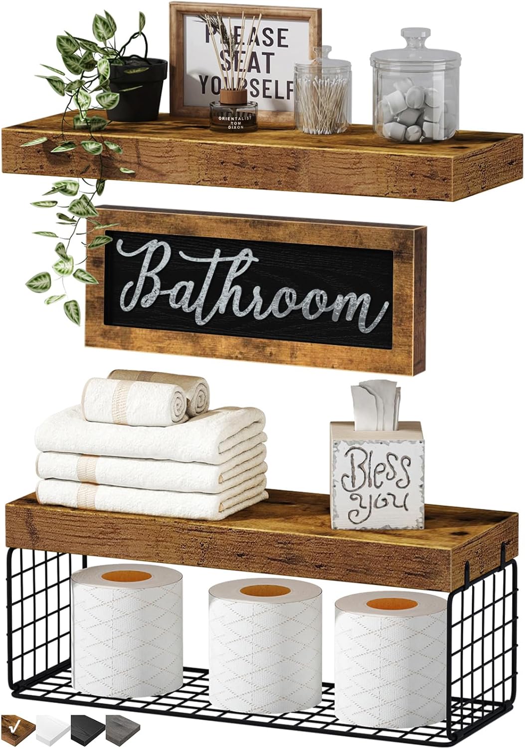 QEEIG Bathroom Shelves Over Toilet - Rustic Brown Wall-Mounted Storage | 16-Inch Floating Shelf Set