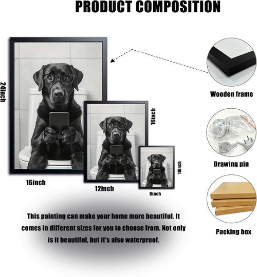 Labrador Dog Canvas Print - Funny Bathroom Wall Art | Cute Animal on Toilet | 8x10 Inch Framed Decor