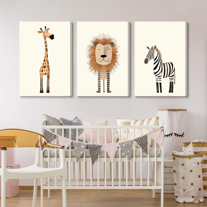 Safari Nursery Wall Art Baby Animal Canvas Wall Decor Cute Giraffe Lion Zebra Jungle Pictures Prints Posters for Baby Boy Girl Children's Room Bedroom Home Decorations 16x24inx3 Framed