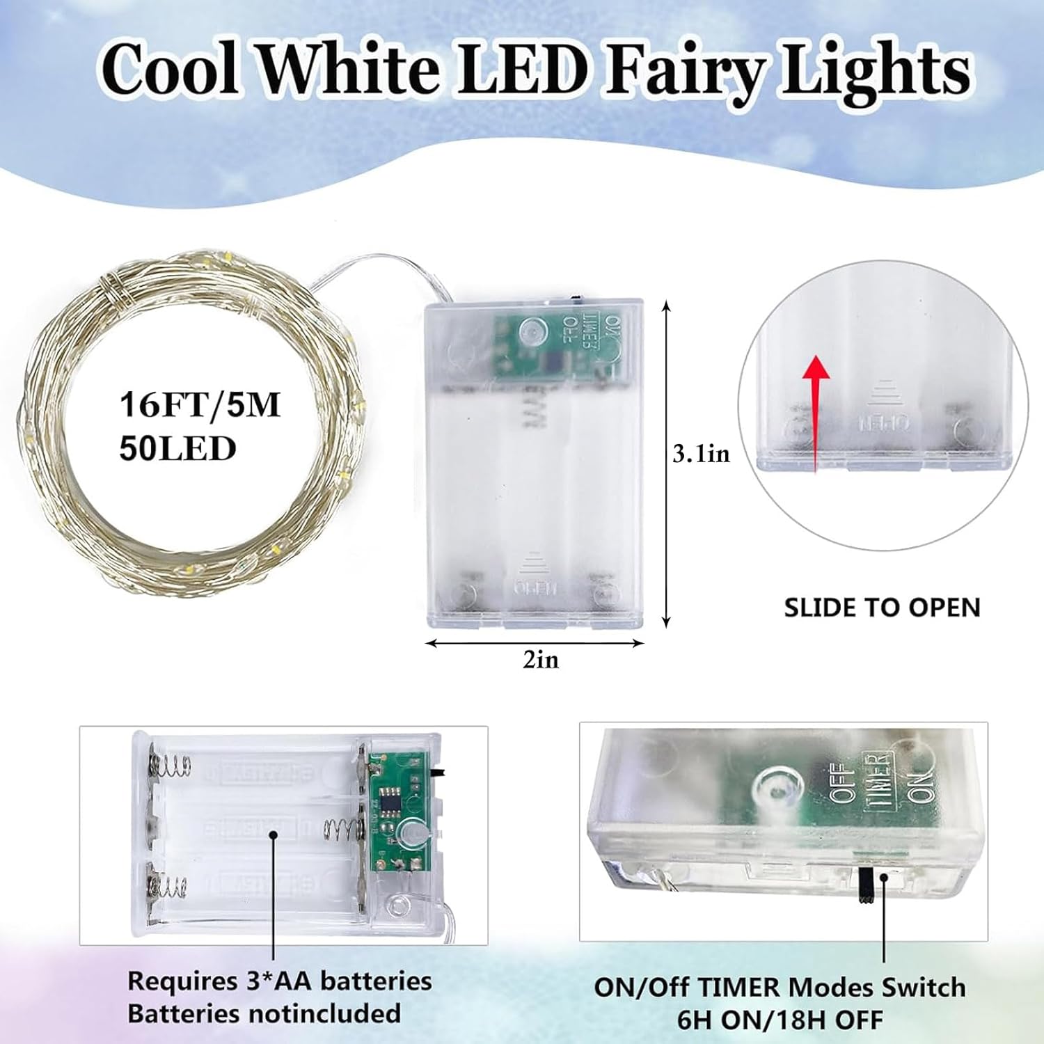 Skiennix 8-Pack Battery Operated Fairy Lights - Waterproof 16 FT 50 LED String Lights with Remote & Timer | Cool White Indoor/Outdoor Décor