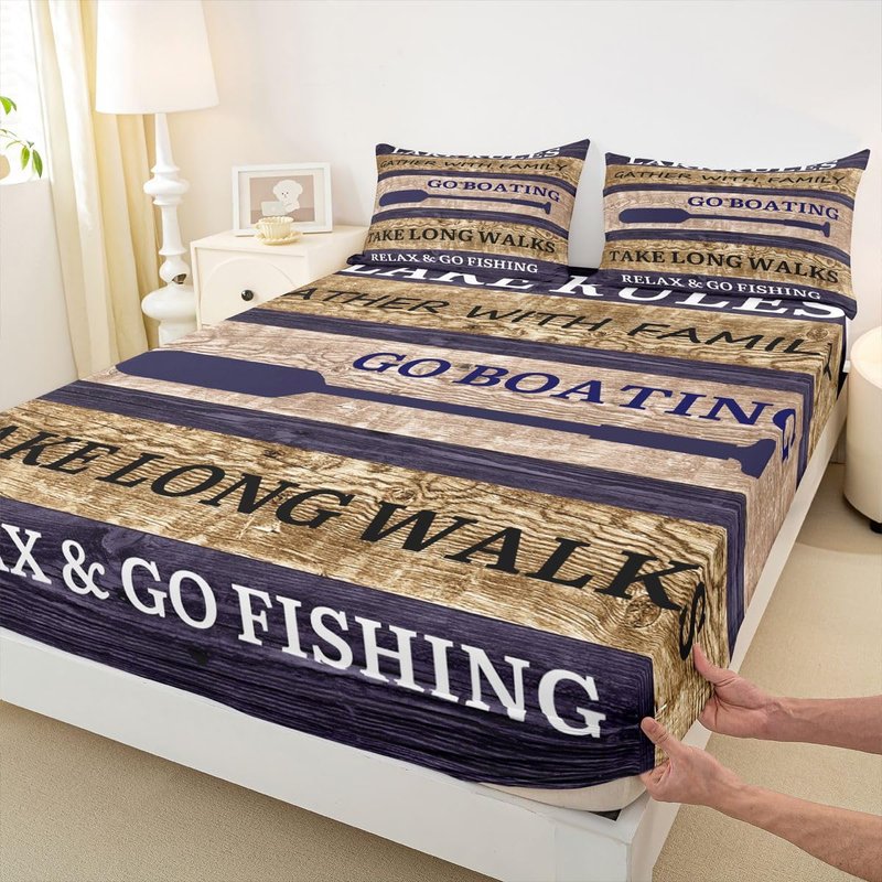 Lake House Sheet Set Queen Size, Paddle Retro Wood Grain Bed Sheets For Kids Teens Adult Women, Retro Rustic Farmhouse Fitted Sheet - Go Boating Flat Sheet - 2 Pillow Cases Lake Cabin Decor, Brown