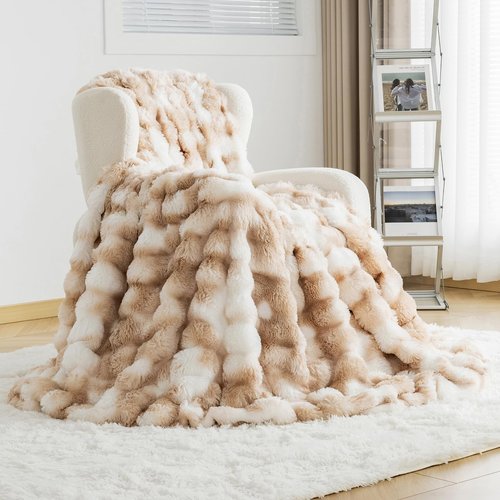 OMERAI Faux Fur Throw Blanket for Couch, Soft Fleece Blanket Twin, Thick and Warm Bubble Fuzzy Throw Blankets for Bed, Cozy Plush Reversible Brown Blanket, Luxury Decorative Blankets, 60x80