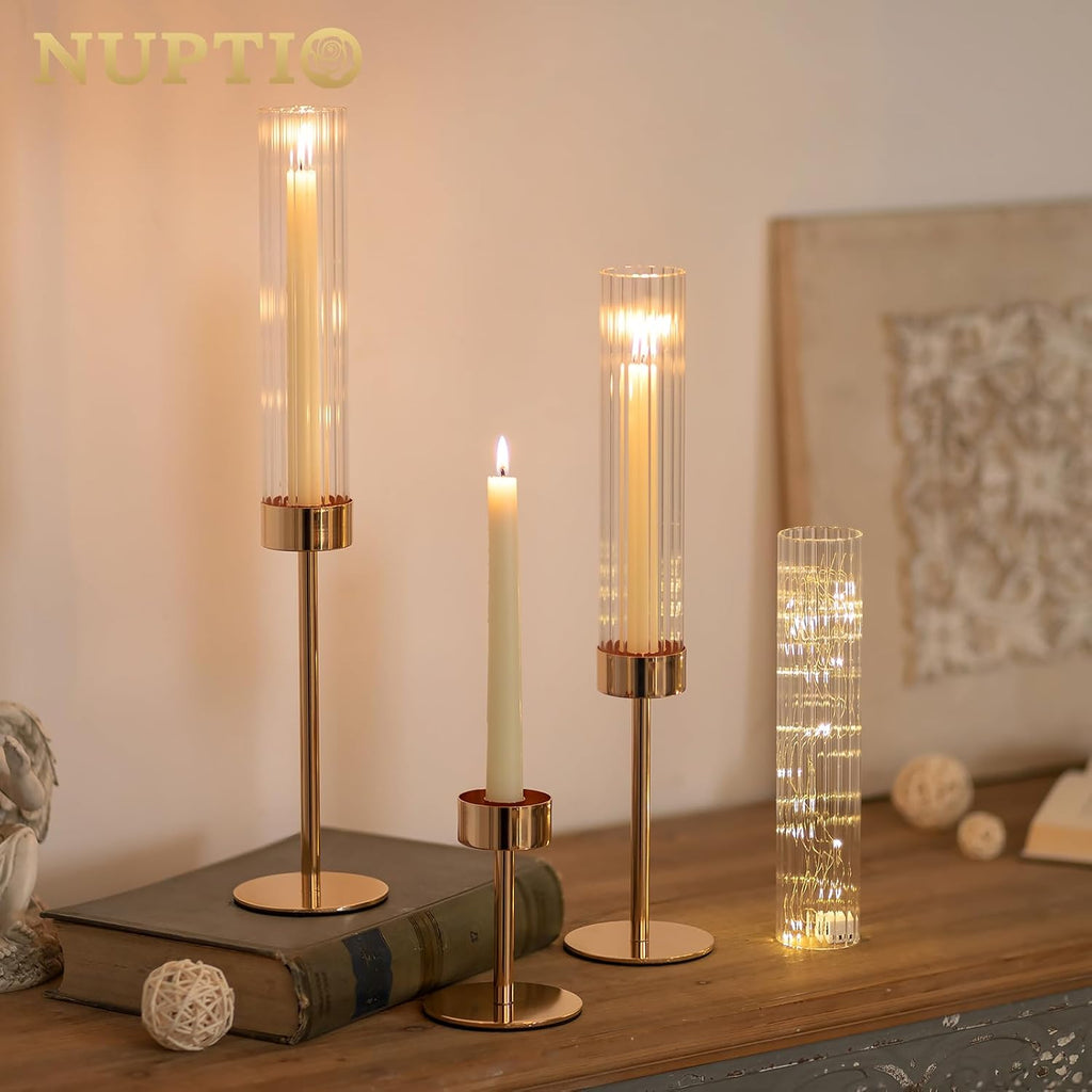 NUPTIO Tall Candlestick Holders - Elegant Hurricane Candle Holders with Ribbed Glass Sleeve | Gold Metal Set of 3 for Table & Fireplace Decor