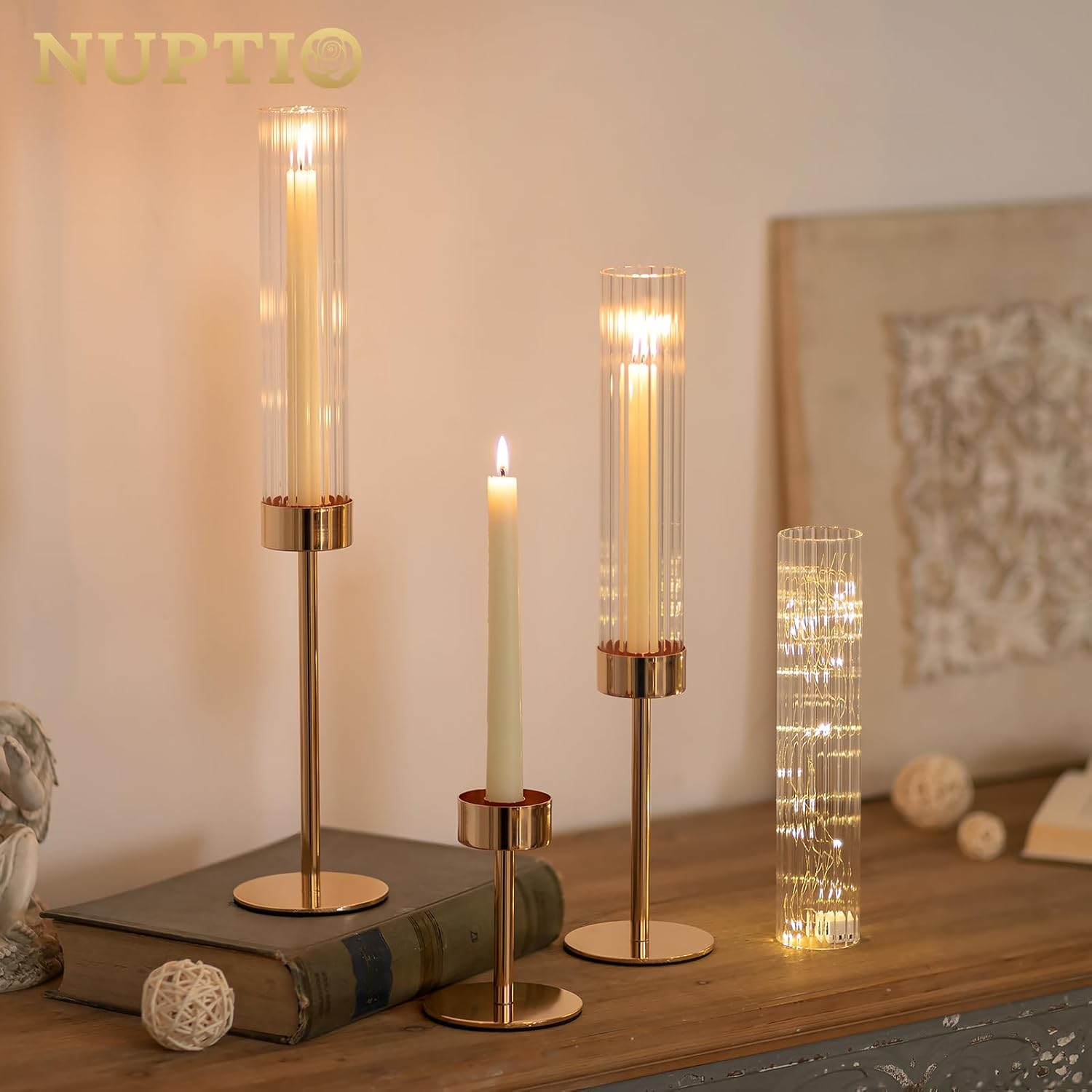 NUPTIO Tall Candlestick Holders - Elegant Hurricane Candle Holders with Ribbed Glass Sleeve | Gold Metal Set of 3 for Table & Fireplace Decor