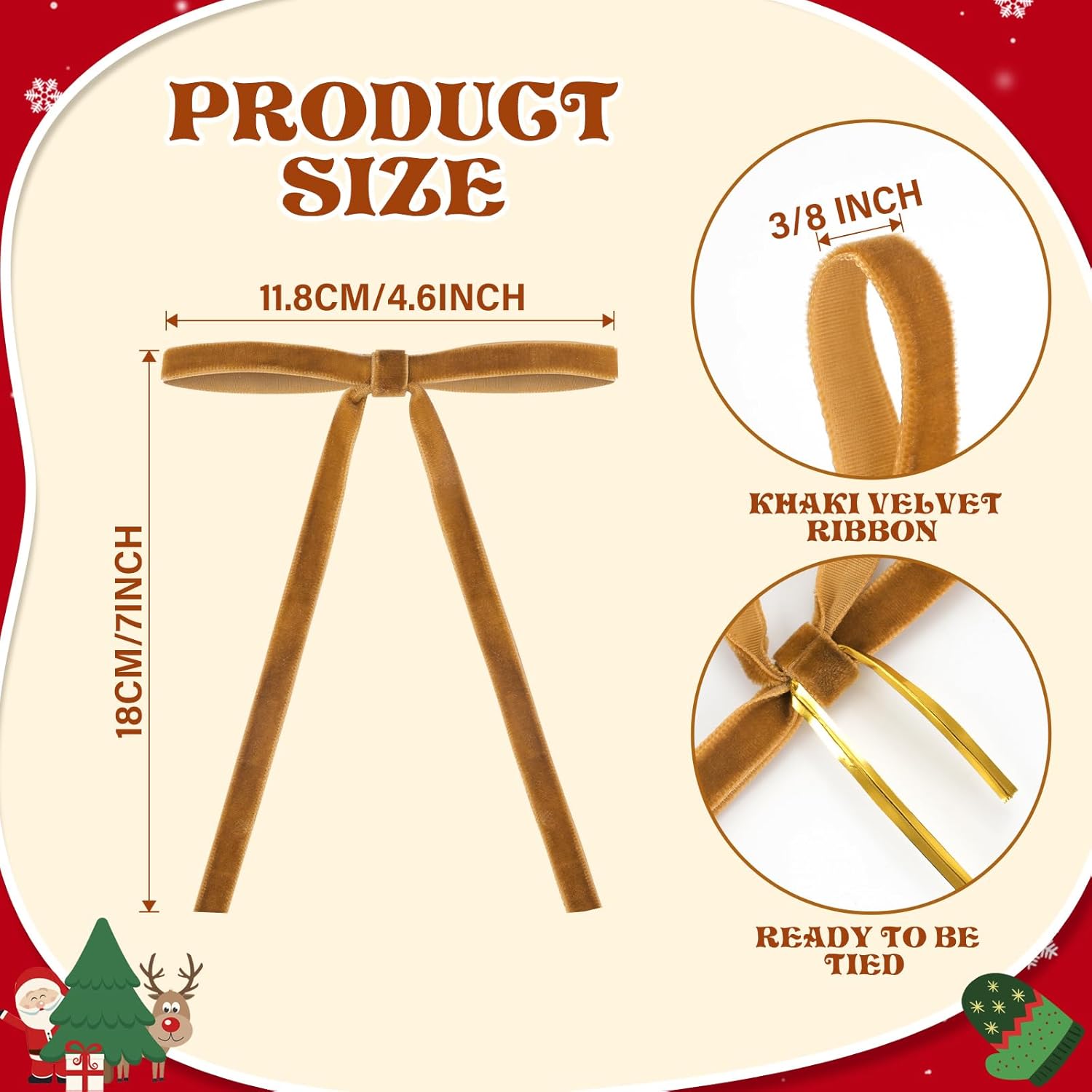 Skiennix Velvet Christmas Tree Bows - Elegant Khaki Pre-Tied Ornaments | 24 Pcs, 5”x7” for Holiday Décor