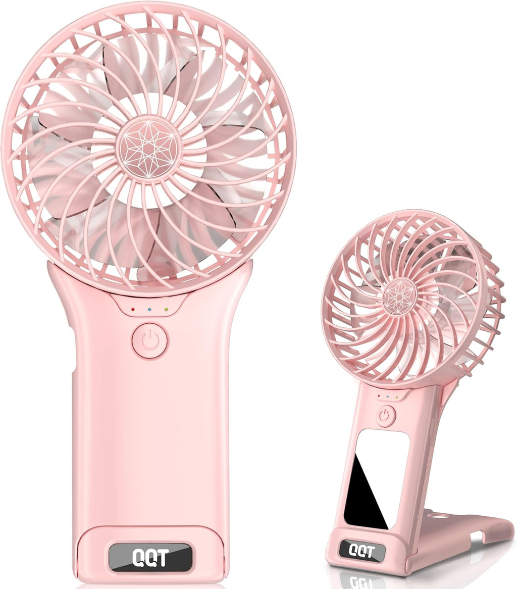 QQT Mini Handheld Fan - 4-Speed Portable USB Rechargeable Fan with Mirror | 20-Hour Battery Life (Pink)