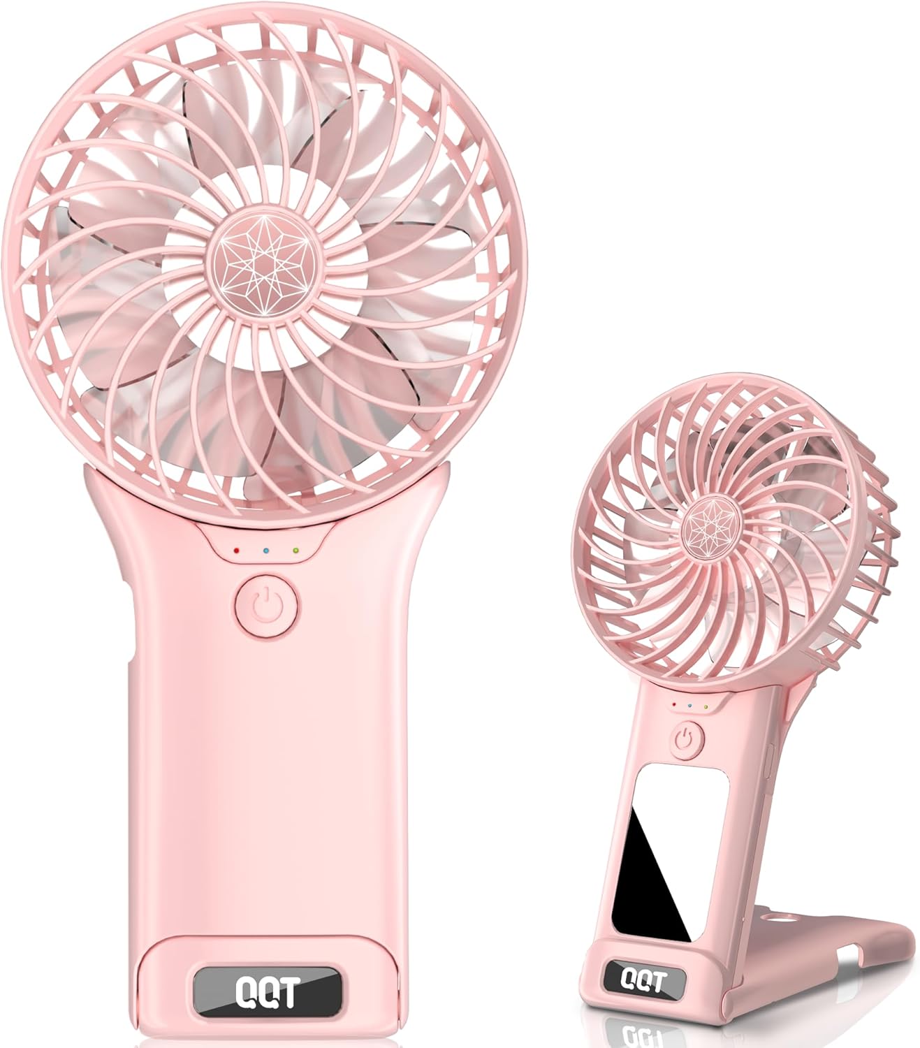 QQT Mini Handheld Fan - 4-Speed Portable USB Rechargeable Fan with Mirror | 20-Hour Battery Life (Pink)