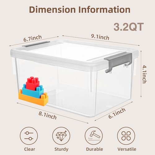 Anywish Small Storage Bins - 3.2 QT Clear Plastic Containers with Lids | 8-Pack for Easy Organization