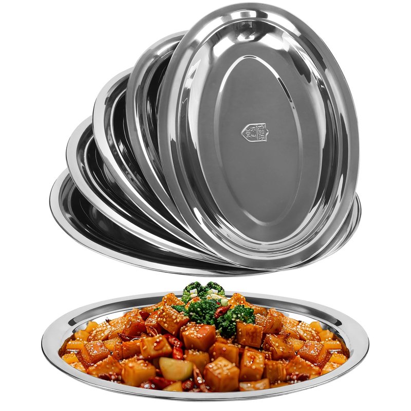 ZSDRTYU Stainless Steel Plates, 6 Pack Sizzle Platter Stainless Steel Oval Platter Metal Serving Tray For Steaming Fish Meat Sushi,14 X 8.7 Inch