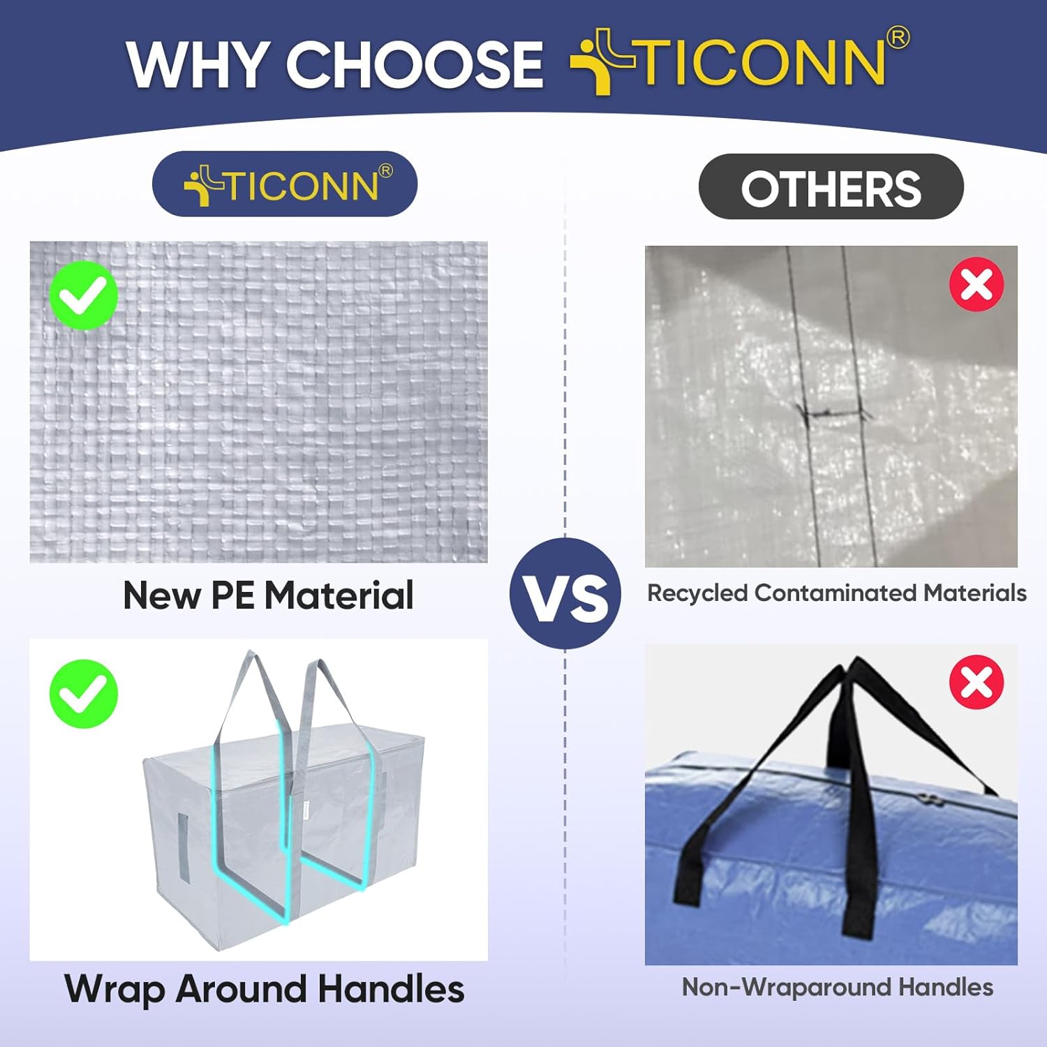 TICONN Extra Large Heavy-Duty Moving Bags - Durable Storage with Zippers & Handles | 2 Pack, Light Grey