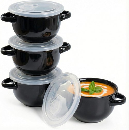 KooK French Onion Soup Crocks - Durable Ceramic Bowls with Handles | Set of 4, 18 oz, Black, Oven Safe