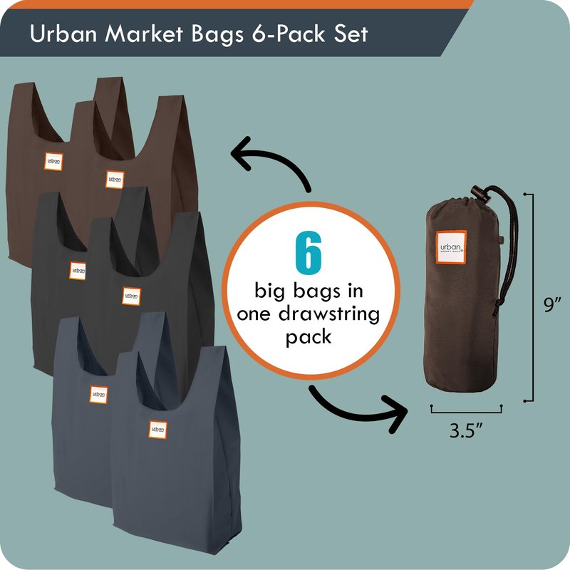 Urban Market Bags - Galaxy -6 Foldable Reusable Shopping Bags in 1 Compact Pouch, Luxury Quality, Recycled Fabric, Holds 50+ lbs, Machine Washable, Pouch Fits in Cupholder, Designed in California