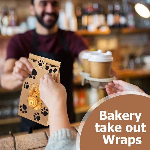 Tenceur 120 Pcs Dog Paw Bakery Bags with Window Paper Cookie Bags 3.54 x 2.36 x 6.7 Inch Tin Tie Tab Lock Bags Seal Stickers for National Dog Day Coffee Beans Candy Gift Party Favor