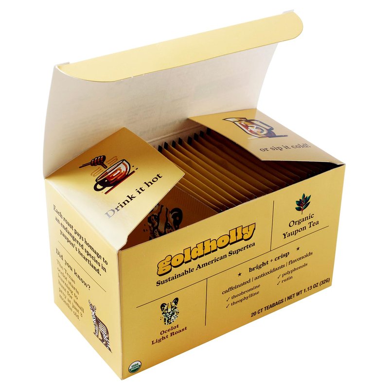 Goldholly Organic Yaupon Tea Bags - Ocelot Light Roast, 20 Count | American Organic Tea for Clean No-Jitter Energy & Focus | Caffeine & Theacrine, Smoother than Traditional Teas | Gold Holly Yaupon