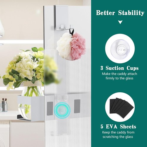 Emibele Over The Door Shower Caddy - Rustproof 304 Stainless Steel Hanging Organizer | Fits Glass Doors Up to 1.5cm, Silver, 23x10x10cm