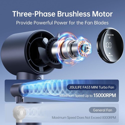 JISULIFE Portable Handheld Fan - Adjustable Speed Turbo Design | 3600mAh Rechargeable Battery - Blue