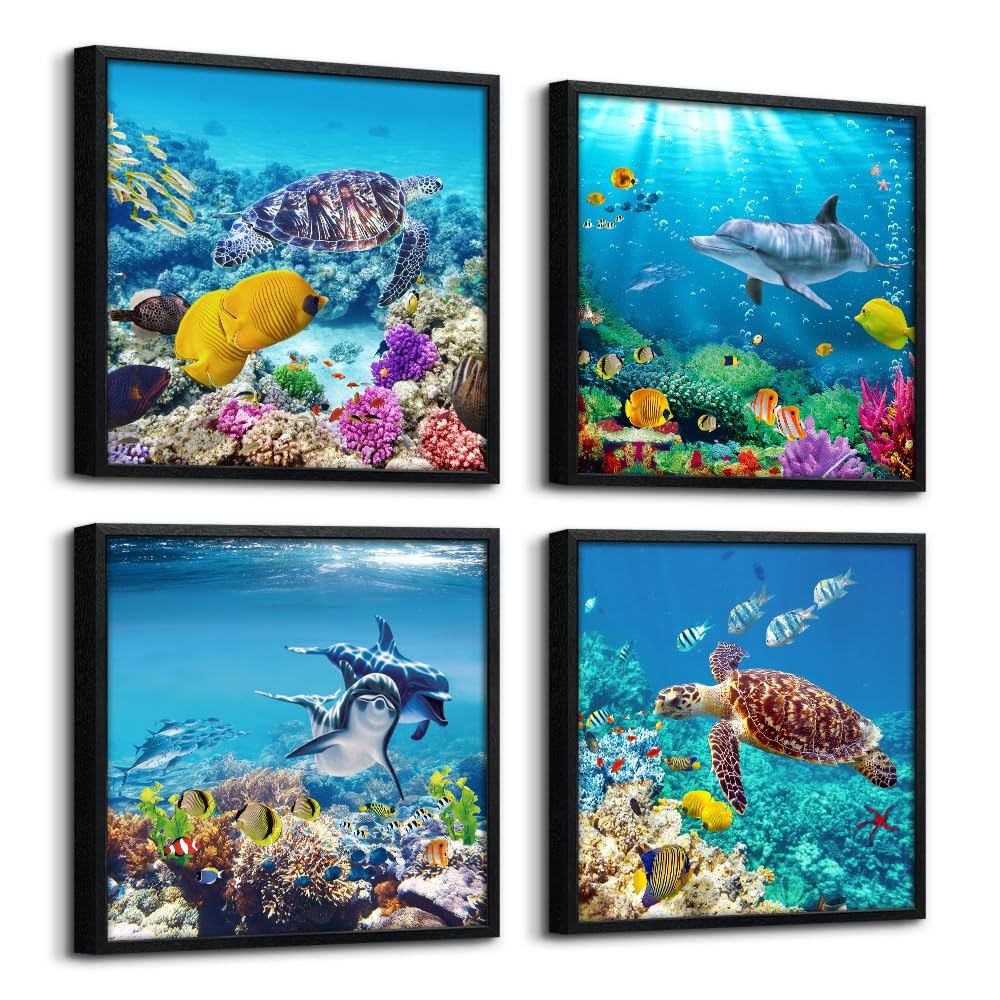 Set Of 4 Piece Black Framed Wall Art For Living Room Family Bedroom Wall Pictures Artwork Bathroom Wall Decor Coral Sea Fish And Turtles Blue Ocean Theme Painting Ready to Hang Modern Home Decor