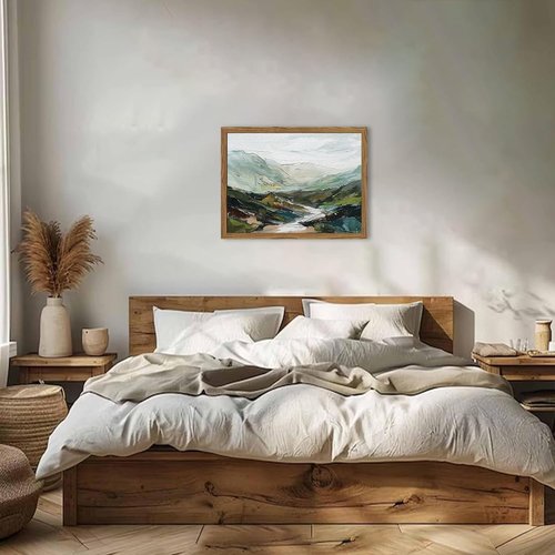 Framed 3D Textured Mountain Wall Art - Abstract Green Landscape Decor | Hand-Drawn Sandstone Aesthetic 12x16 Inch