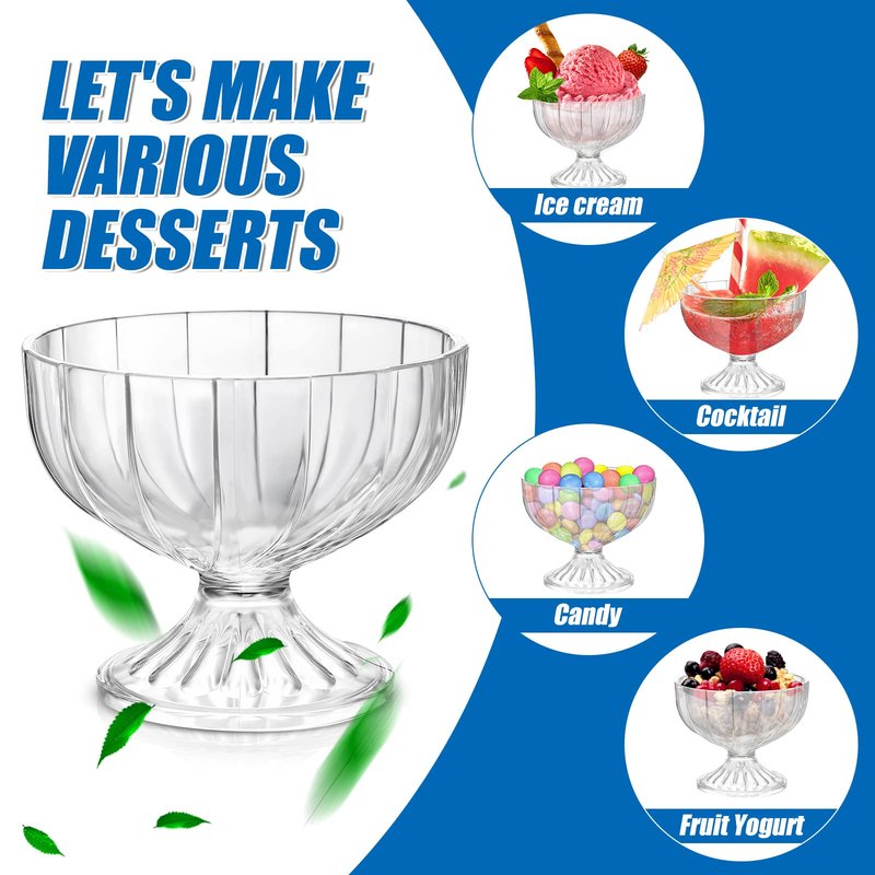 Meanplan 12 Pcs Acrylic Ice Cream Bowls 10 oz Clear Dessert Bowls with Footed Ice Cream Cups Cute Plastic Trifle Tableware for Serving Sundae Salad Fruit Snack Holiday Party