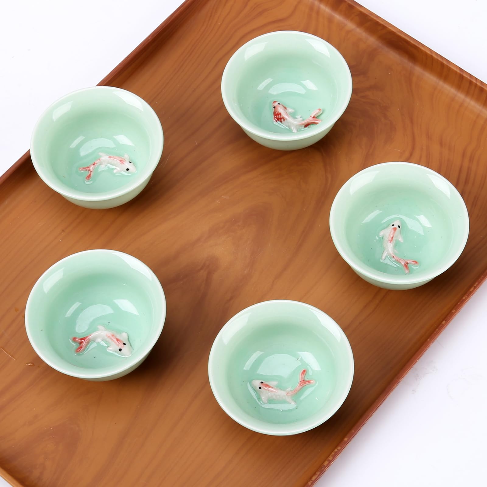 Five beautiful tea cups and tea trays are given as gifts. Tea bag organizer storage box, wood tea bag organizer, tea bag holder with drawer. (Small fish teacup set)