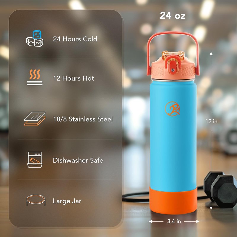 GOSWAG Insulated Water Bottle 24 oz, Stainless Steel Water Bottles with 2 Lids and Silicone Sleeve for School and Work, Double-Wall Vacuum Insulation