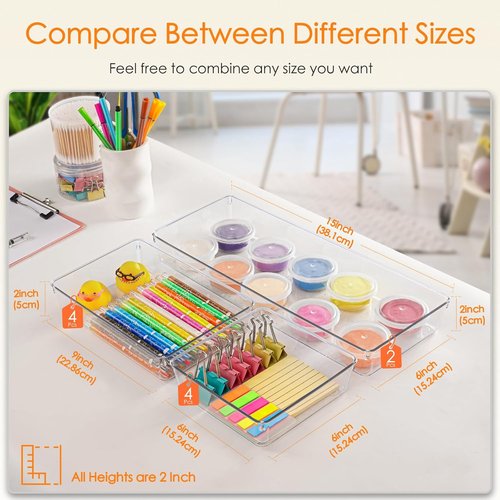 Criusia Drawer Organizer - 10 Pack Large Clear Plastic Storage Bins for Makeup & Kitchen Utensils | Versatile Trays
