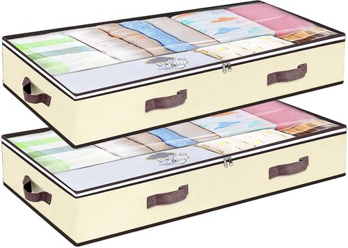 90L Under Bed Storage Containers - Clear Window Organizers for Toys & Clothing | 2-Pack Beige