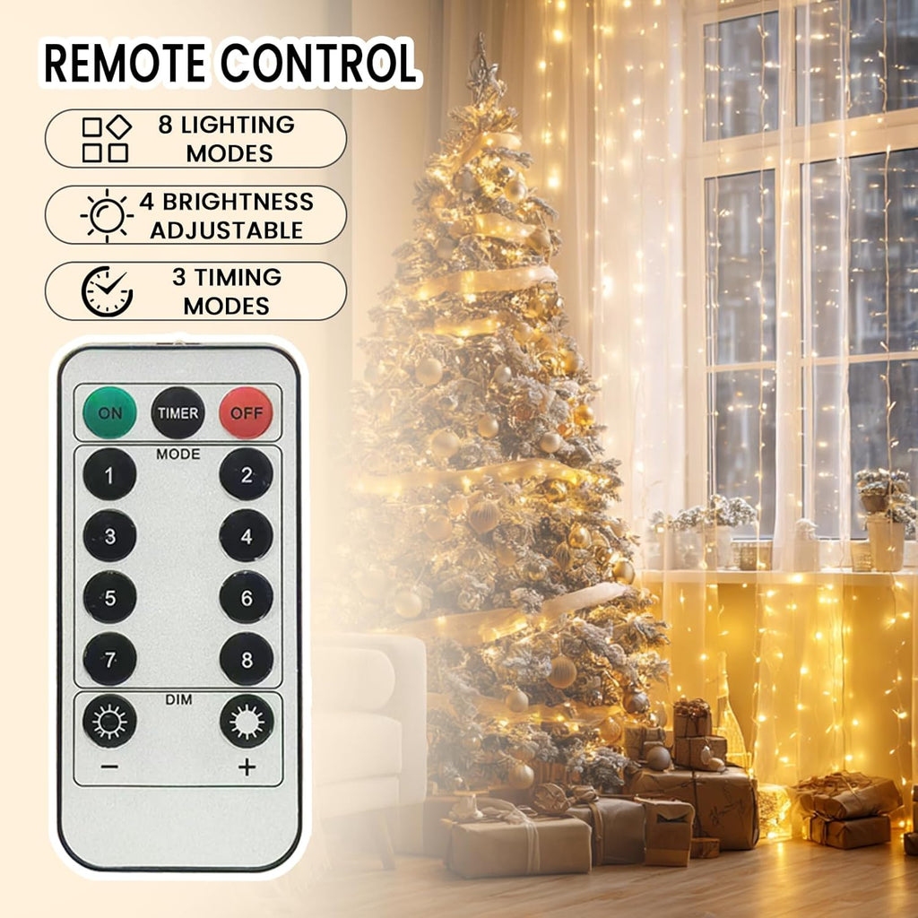 Skiennix 300 LED Curtain String Lights - Warm White with Remote & Timer | 9.8x9.8 Ft Waterproof Decor