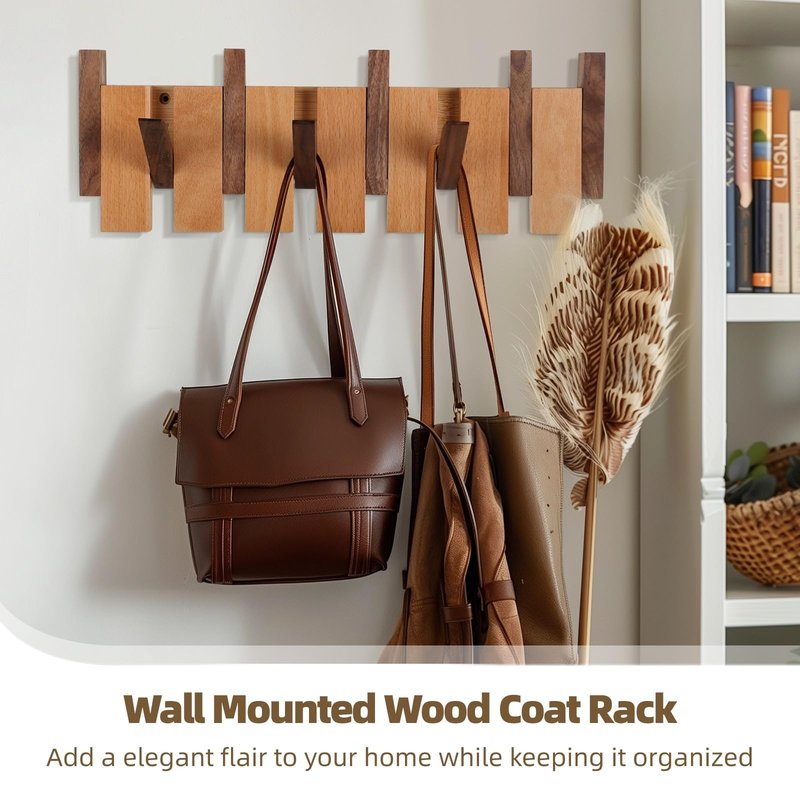 OMISTAR Wooden Coat Rack Wall Mounted, Piano Wall Coat Rack with 6 Hooks, Entryway Wall Hook for Hats, Keys, Towels, Bags, Home Decor