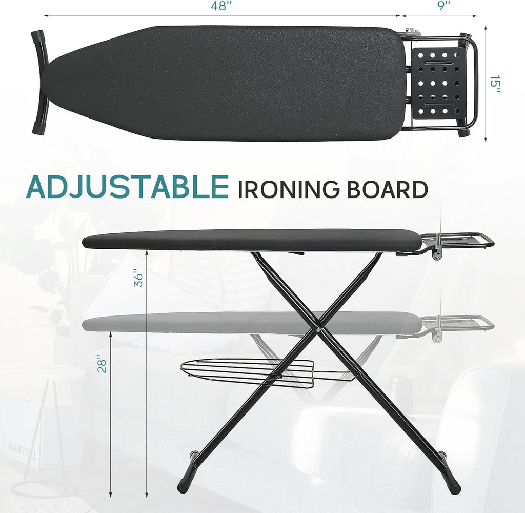 RAINHOL Large Heavy Duty Ironing Board - Adjustable Height with Storage Tray & Cover | 48x15 in, Black