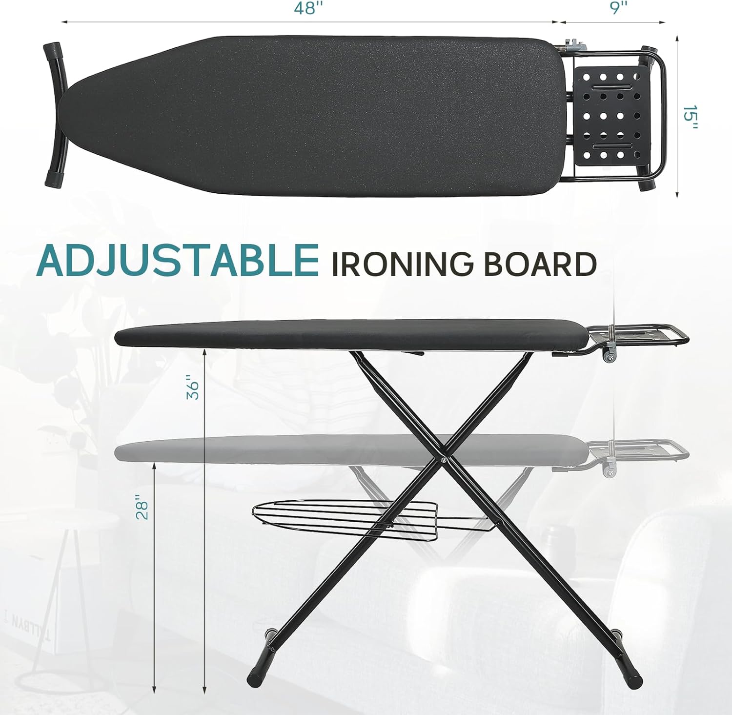 RAINHOL Large Heavy Duty Ironing Board - Adjustable Height with Storage Tray & Cover | 48x15 in, Black