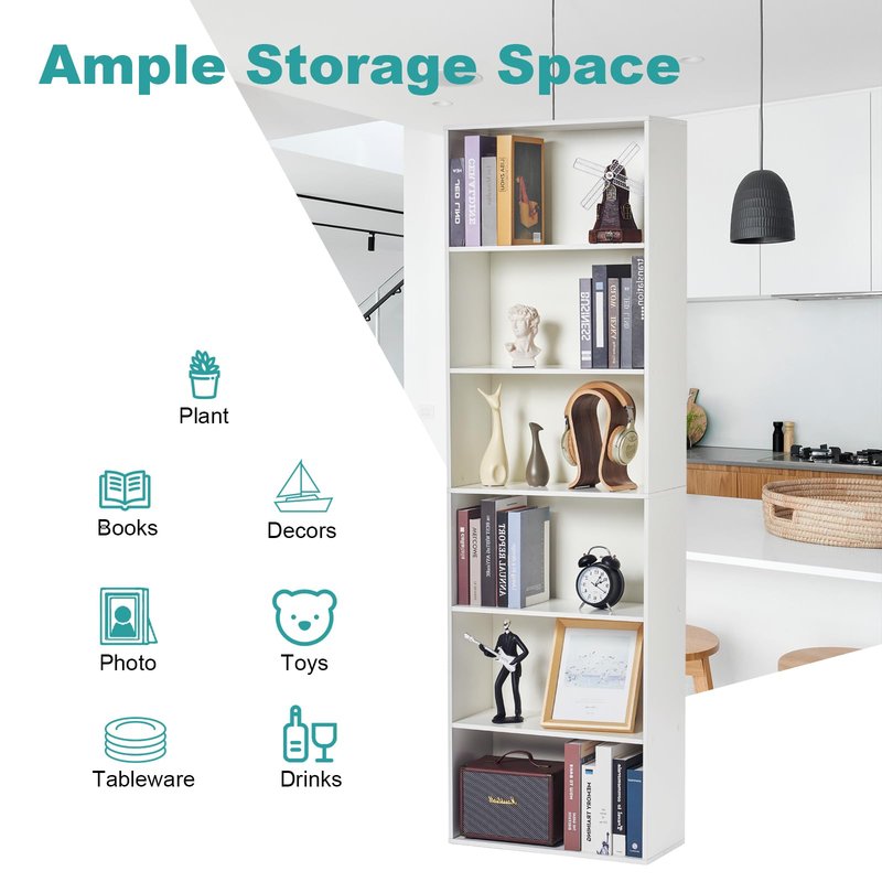 OneBlis 6-Tier Book Shelf, Floor Standing Open Bookcase, Wooden Display Storage Shelves with Anti-Tipping Device, 71" Tall Bookshelf for Bedroom, Living Room and Office, White