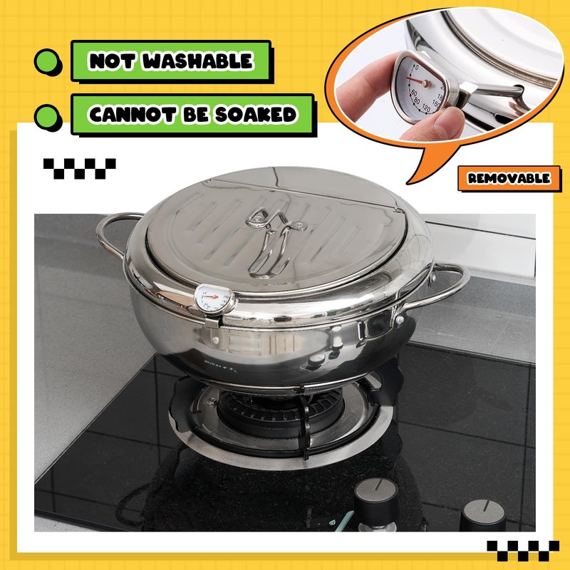 Reallnaive 3.6 Qt (3.4 L) Deep Fryer Pot 304 Stainless Steel Tempura Frying Pot with Lid and Oil Drain Rack Japanese Deep Fryer Pan with Temperature Control for Kitchen French Fries, Chicken