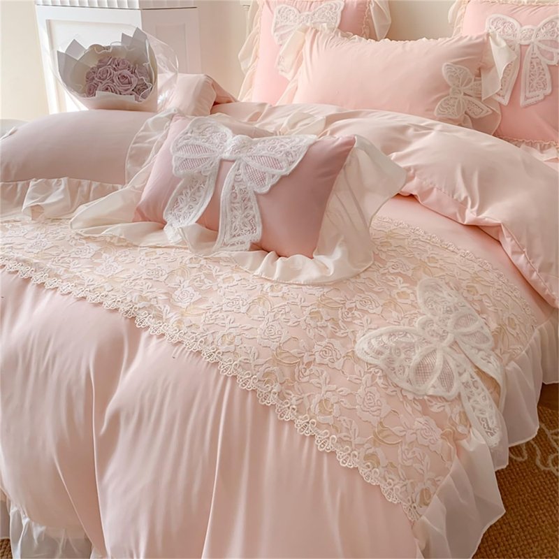 MOOWOO Chic Ruffle Lace Twin Duvet Cover Set-Bow Duvet Cover with Butterfly Tie-2 Piece Comforter Duvet Cover with Zipper Closure,Coquette Room Decor-Pink,Full Size