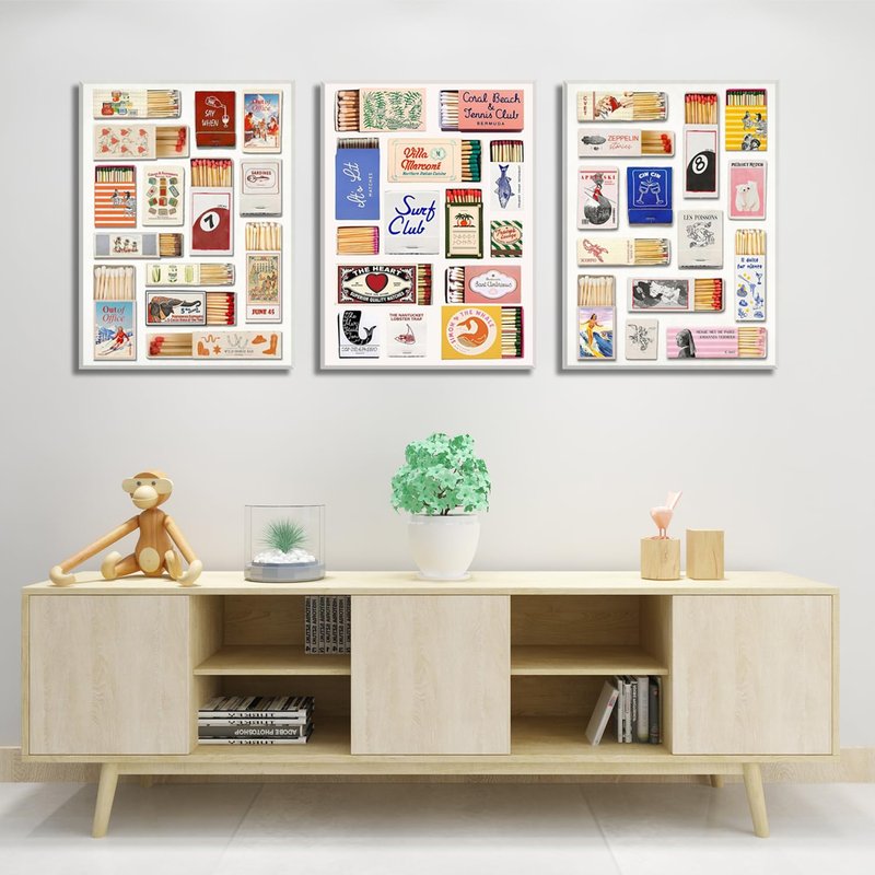 Trendy Matchbook Wall Art Set of 3, Retro Girly Bar Cart Decor, Preppy Matchbox Poster Canvas Prints Aesthetic Picture for Apartment Dorm Living Room Home Framed 16x24 inch